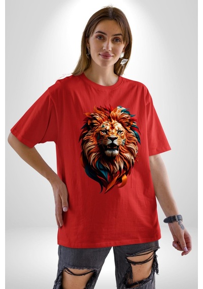Renkli Kaplan Kükrüyor Pamuklu Bisiklet Yaka Unisex Oversize Boyfriend Dijital Baskılı Kırmızı T-shirt Kırmızı
