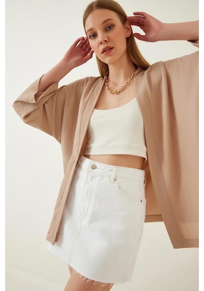 Trend Alisse Kadın Taş Bürümcük Kimono Ceket-düz Taş/bej Bej