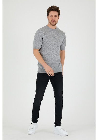 Tarz Cool Erkek Yuvarlak Yaka Desenli Örme T-shirt Gri