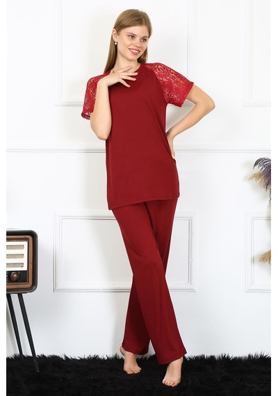 Akbeniz Kadın Kolu Dantelli Penye Pijama Takım 4152 - S Bordo
