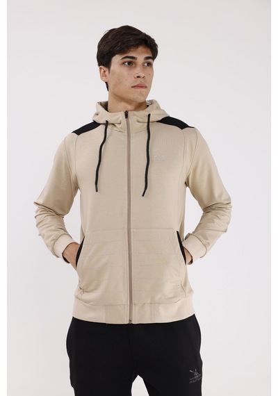 Rowinger Omuz Panel Detaylı Fermuarlı Kapüşonlu Erkek Sweatshirt Beıge