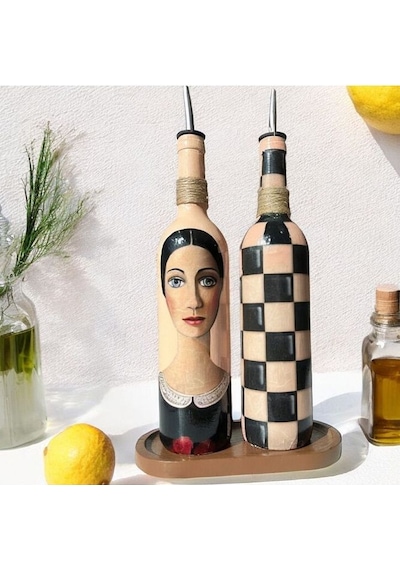 Kadın Tasarımlı 750 Ml Zeytinyağı Sıvıyağ Şişesi Yağdanlık Yağlık Sirkelik Sosluk 2'li Set Çok Renkli
