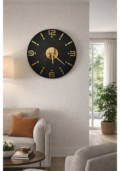 Dekoratif Ahşap Duvar Saati Ahşap Siyah Üzeri Gold Pleksi Mobilya Renk Desenli Hediyelik Sessiz Duvar Saati 45 Cm Gold - Siyah