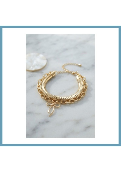Bezos Pirinç Gold Renk Yılan Zincir Model Fiyonk Detaylı Kadın Bileklik Kombini Mbt06
