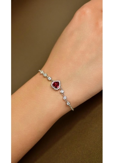 Roza Silver Yakut Taşlı Rodyum Kalp Anturaj Gümüş Bileklik