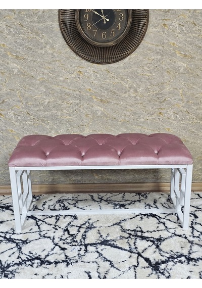 Zafir Beyaz Boyalı İçi Kareli Diktörtgen 100 Cm X 40 Cm Oturak Puf - Bench - Makyaj Oturağı - Oturak Pembe