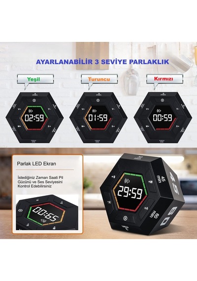 Altıgen Dijital Geri Sayım Zamanlayıcı Led Ekranlı Görsel Zaman Kontrol Mutfak Ders Mıknatıslı