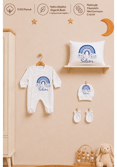 Pia Baby Erkek Bebek Tulum Seti İsim Baskılı %100 Pamuk Yastık Kılıfı Ve Battaniye 1101tybyx Ekru