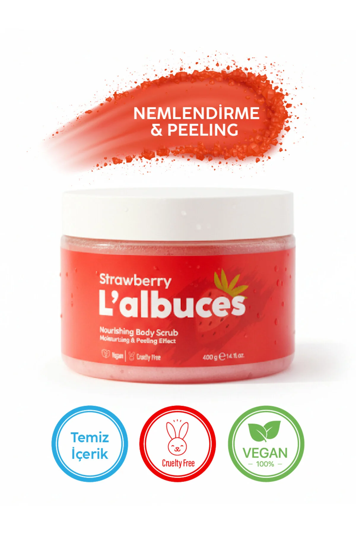 Strawberry Body Scrub 400gr Vegan, Temiz İçerikli, Çilek Kokulu Pürüzsüz Cilt Bakımı
