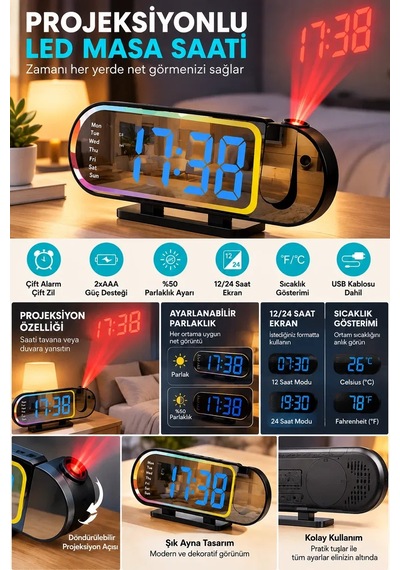 Led Dijital Masa Saati Şık Tasarım Alarm Özelliği Parlaklık Ayarı Sıcaklık Ve 12 24 Saat Gösterimi Diğer