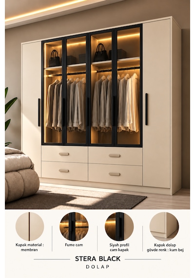 Free Home Stera Black Kum Beji Mdf Gardırop Elbise Dolabı 240x218x57 Kumbeji