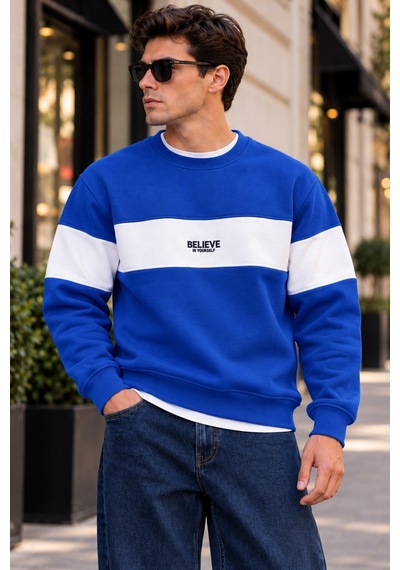 Cool Tarz Erkek Şerit Detaylı Believe Baskılı 3 İplik Şardonlu Bisiklet Yaka Sweatshirt Saks Saks Cool Tarz Erkek Şerit Detaylı Believe Baskılı 3 İplik Şardonlu Bisiklet Yaka Sweatshirt Saks Saks
