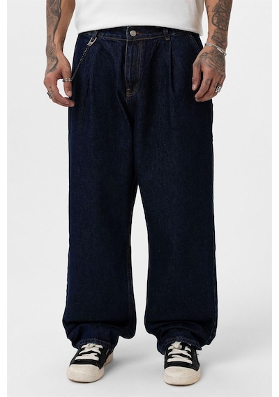 Vamos Pileli Zincir Detaylı Baggy Jean Koyu Mavi