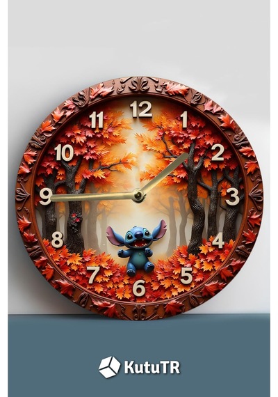 3d Görünümlü "stitch İle Sonbahar" Mdf Duvar Saati Sdw323 Renkli
