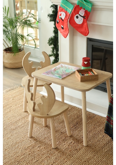 The Deer 1 Masa + 2 Sandalye (Çocuklar için Yaz-Sil Montessori Aktivite ve Etkinlik Masa Sandalye Takımı)