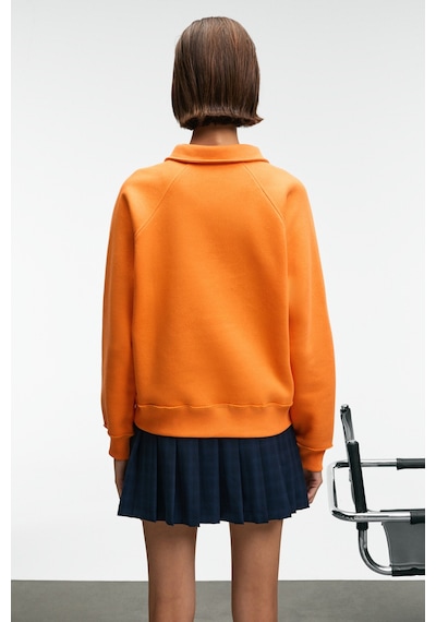 Grımelange CAMIREL Kadın Polo Yaka Düğmeli Nakış Detaylı Reglan Kol Comfort Fit Turuncu Sweatshirt