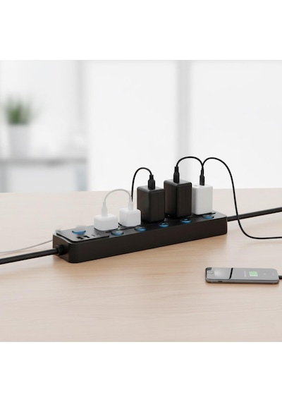 2 Mt Kablolu Power Tuşlu Isıya Dayanaklı 5'li Grup Priz Uzatma 2x Usb 2x Type-c Çıkışlı Priz Uzatma 2 M