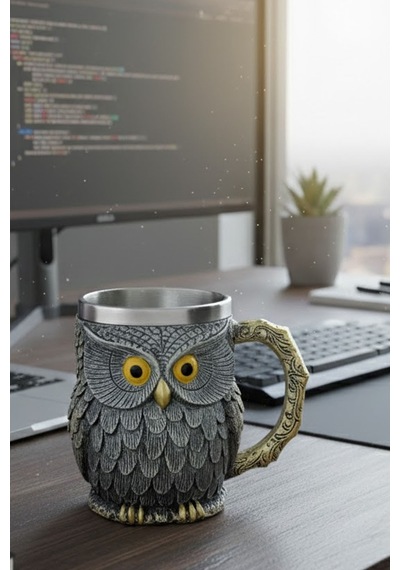 Baykuş Tasarım Kabartmalı Paslanmaz Çelik Kupa Bardak - 3d Mistik Tasarım Dekoratif Mug Kabartmalı Çok Renkli