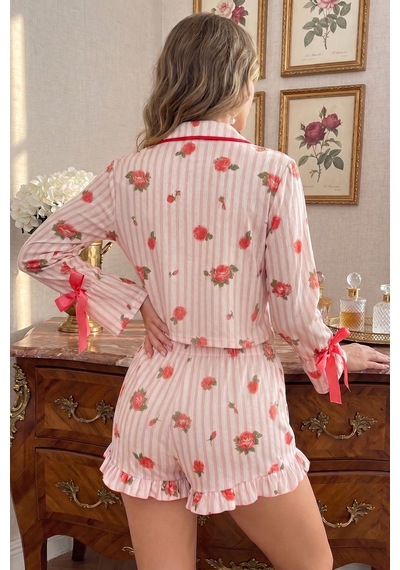 Bella Notte Pembe Romantik Gül Desenli Fiyonk Detaylı Şortlu Pijama Takımı