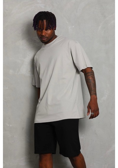 Unisex Oversize Düz Bisiklet Yaka T-shirt - Gri