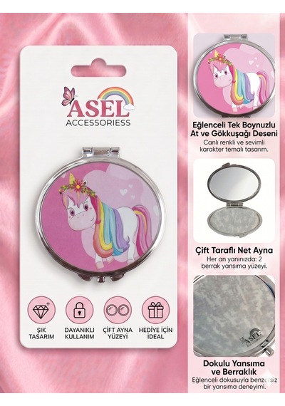 Sevimli Karakter Ve Unicorn Tasarımlı Çift Taraflı Katlanabilir Metal Cep Aynası - 9 Farklı Model 0