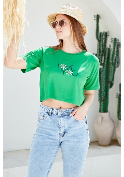 Oversize Baskılı Crop Tişört - Yeşil Yeşil