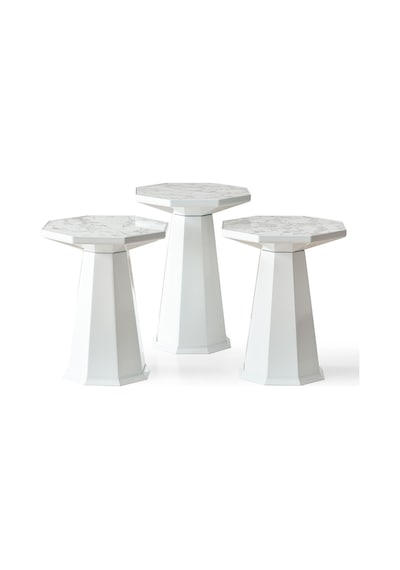 Elegance 3'lü Sehpa, Yan Sehpa, Zigon Sehpa - Beyaz & Beyaz Mermer Desenli Tabla Beyaz & Beyaz Mermer Desenli
