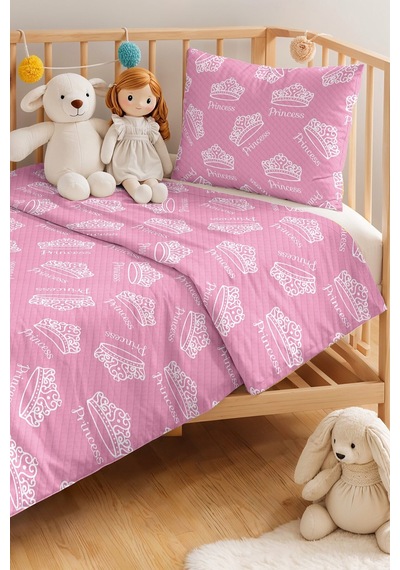 Evimde Bambaşka Pembe Taç Temalı Kız Çocuk Pike Takımı-prenses Konseptli Beyaz Bebek Odası Yatak Örtüsü-160x220  CM