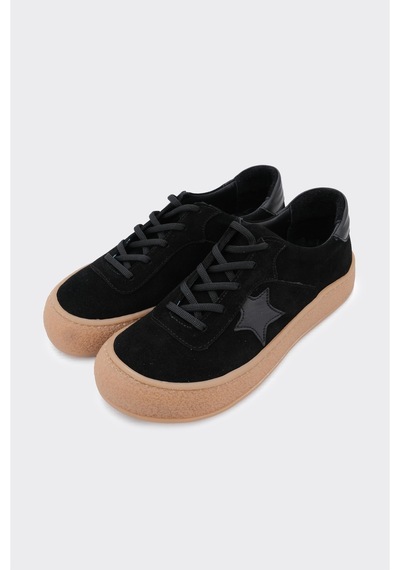 Derinet Hakiki Deri Bağcıklı Kadın Sneaker Siyah Siyah
