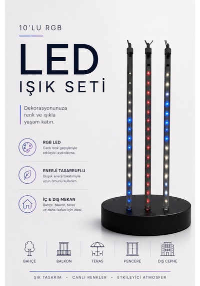 Rgb Led Dış Ve İç Mekan Süsleme Işığı 10 Çubuklu Şerit Çokrenkli