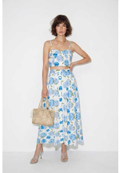 Kadın Çiçek Desenli Crop Bluz Ve Düğme Detaylı Midi Etek Takım 7697 60286365 - Ekru-mavi