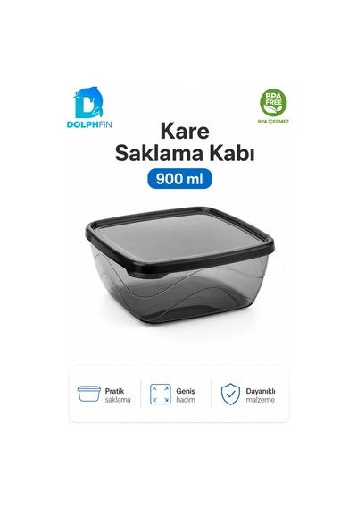 Kare Saklama Kabı 900 Ml Füme Şeffaf Siyah Kapaklı Buzdolabı Kabı Bpa İçermez
