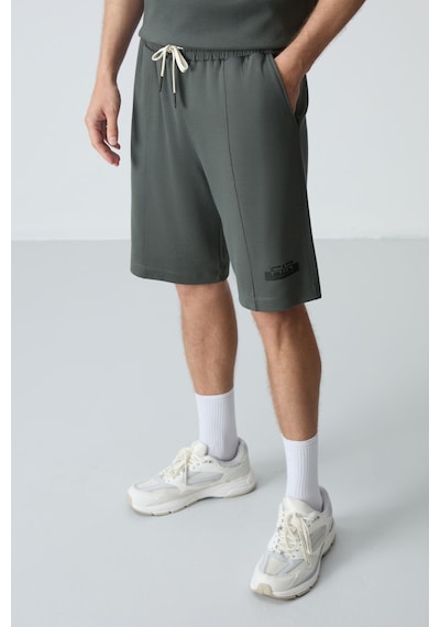Haki Pamuklu Kalın Yumuşak Dokulu Oversize Fit Basic Erkek Şort Takım - 85259