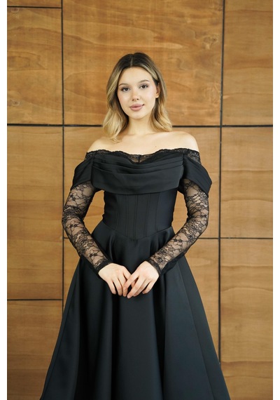 Livanomi Kolları Dantelli Midi Siyah Saten Abiye