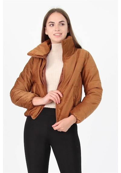 Dip Moda Kadın Yüksek Yaka Cepli Kışlık Kadife Mont Dpm7154 Taba