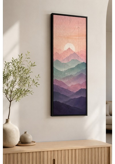 Minimalist Dağ Manzarası Ahşap Tablo Uv Baskı Pastel Tonlar Siyah Çerçeveli 25x60 Cm Dikey Modern Ev Dekorasyonu