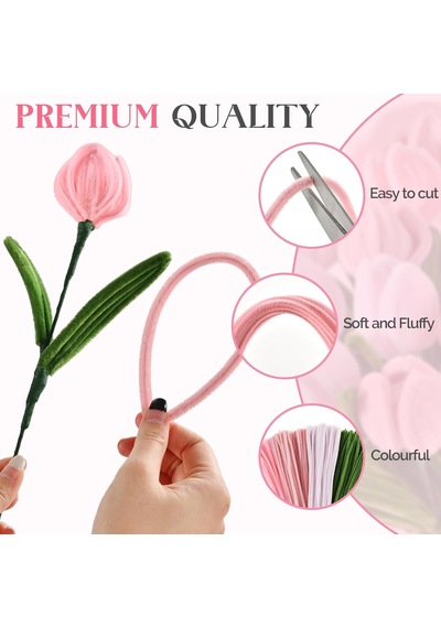 100 Adet 4'lü Şönil Set Pembe 25 Gül Kurusu 25 ,soft Pembe 25 Ordu Yeşili 25 Çiçek Tüylü Tel