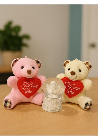 Sevgiliye Eşe Özel Günlere Hediye 2 Adet Sevimli Mini Peluş Ayıcık Ve Mini Melek Kar Küresi Set Kar Küresi