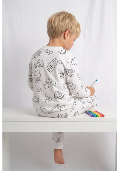 Minipomes Yıkanabilir Boya Hediyeli Colorbook Uzun Kol Çocuk Pijama Takım Beyaz