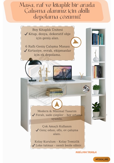 Tamamı Mdf Boy Kitaplıklı 6 Raflı Modern Çalışma Odası Seti
