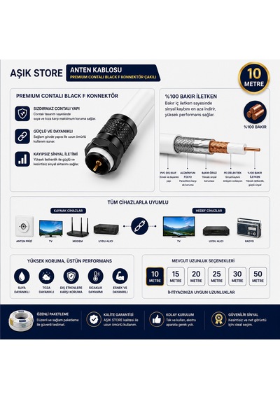 10 Metre Premium Anten Kablosu %100 Bakır İç İletken Contalı Black F Konnektör Çakılı Koaksiyel Tv Uydu Kablosu