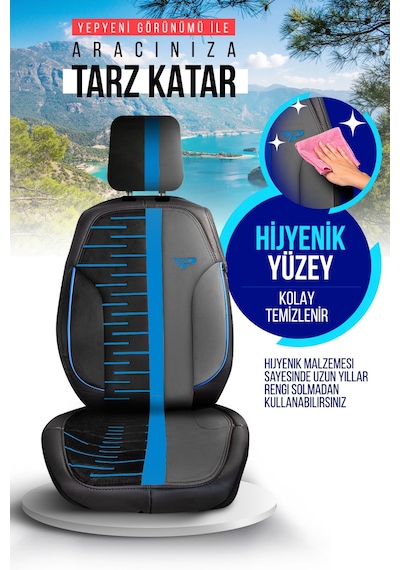 Siyah - Mavi Panda Camila Serisi Velucantra Kumaş Oto Koltuk Kılıfı - Tam Set