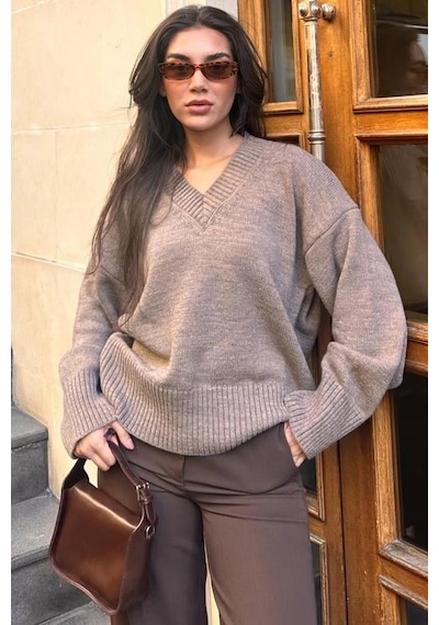 Madmext Vizon V Yaka Oversize Kadın Triko Kazak Mg2149 Vizon
