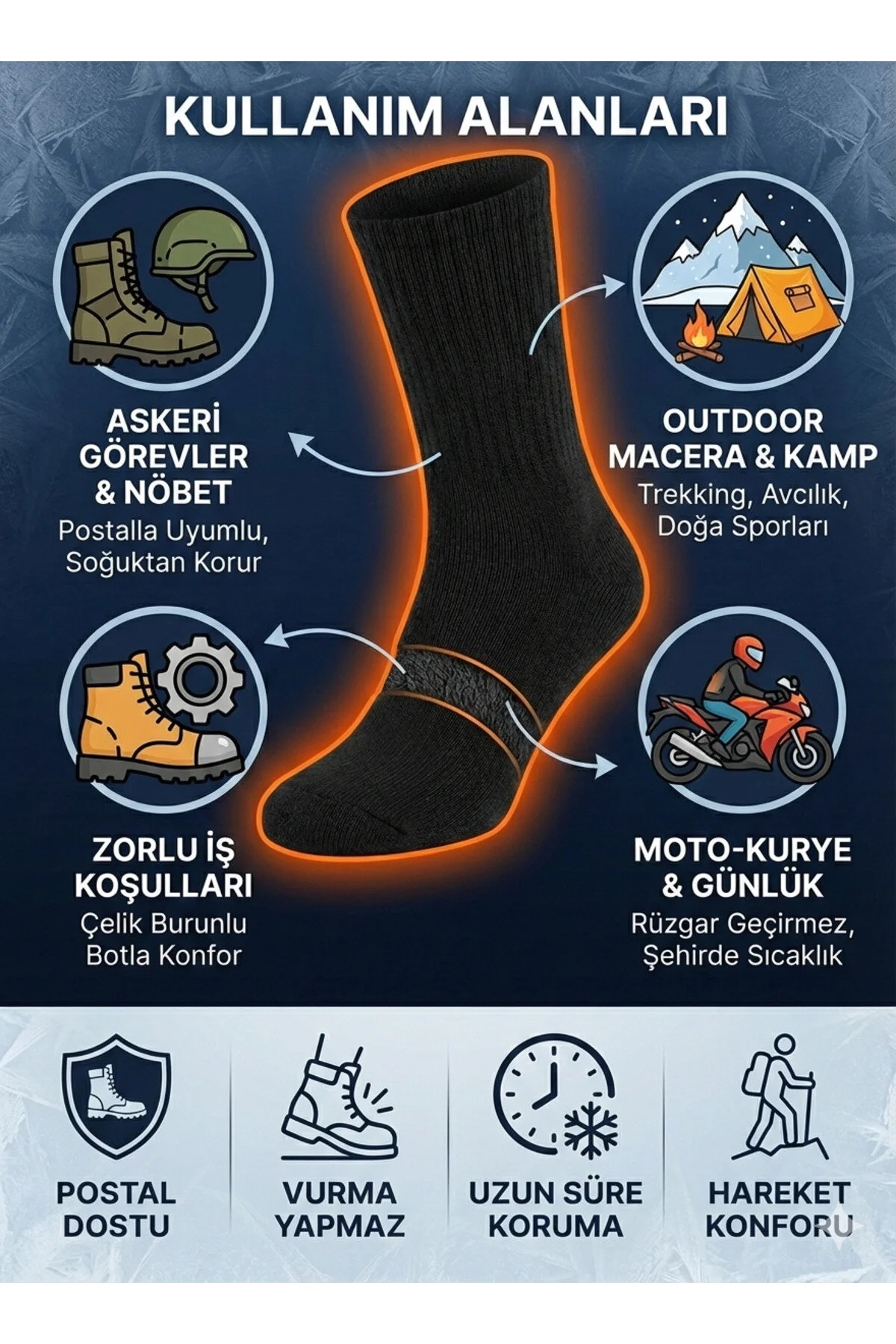 Mrc Tactical 6 Çift Kışlık Termal Çorap Uzun Kalın Soket Yünlü Havlu Siyah Çorap Siyah