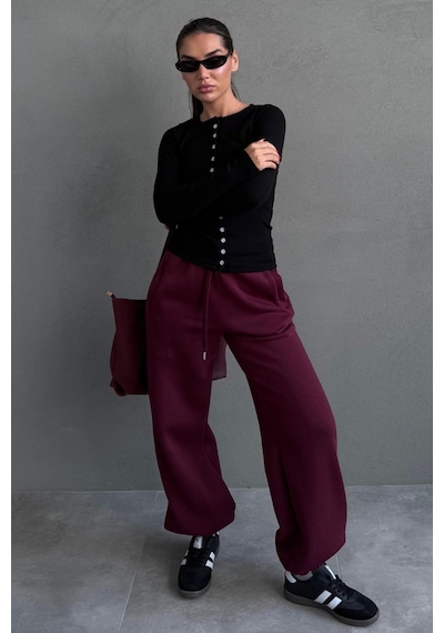 Bordo Geniş Paça Rahat Kalıp Lastikli Eşofman Altı Mg2581 Bordo