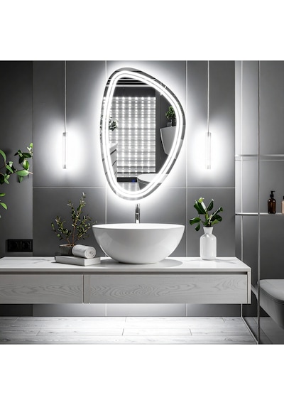 Elan Asym Beyaz Led'li Kumlamalı Lavabo & Banyo Aynası Dokunmatik Sensörlü 70 X 45