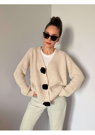 Ali Butik Krem Gül Motif Detaylı Triko Hırka Krem
