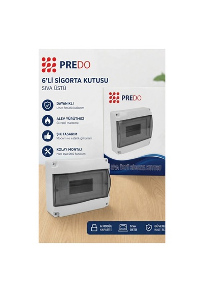 Predo 6'lı Sıva Üstü Sigorta Kutusu Şeffaf Füme Kapaklı 6 Modül