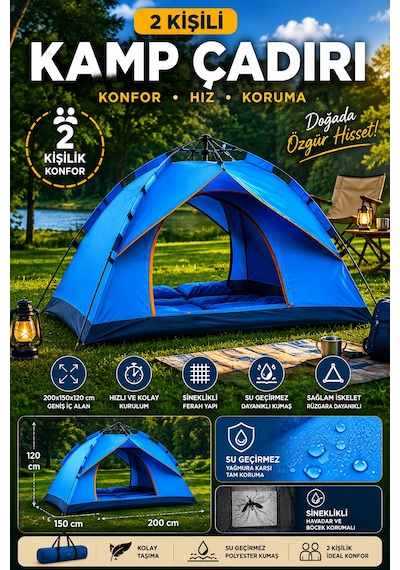 Çadır Tam Otomatik Kamp Çadırı 2 Kişilik 200x150 Cm 3 Saniyede Kurulum Su Geçirmez Geniş Çadır Outdoor Lacivert