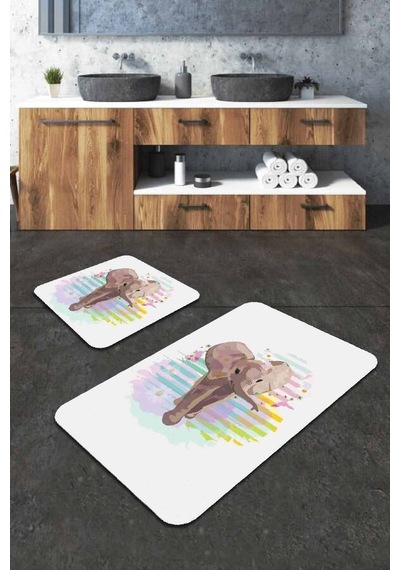 Ekru Fil Desenli Banyo Halısı Klozet 2'li Paspas Seti Bs224n11